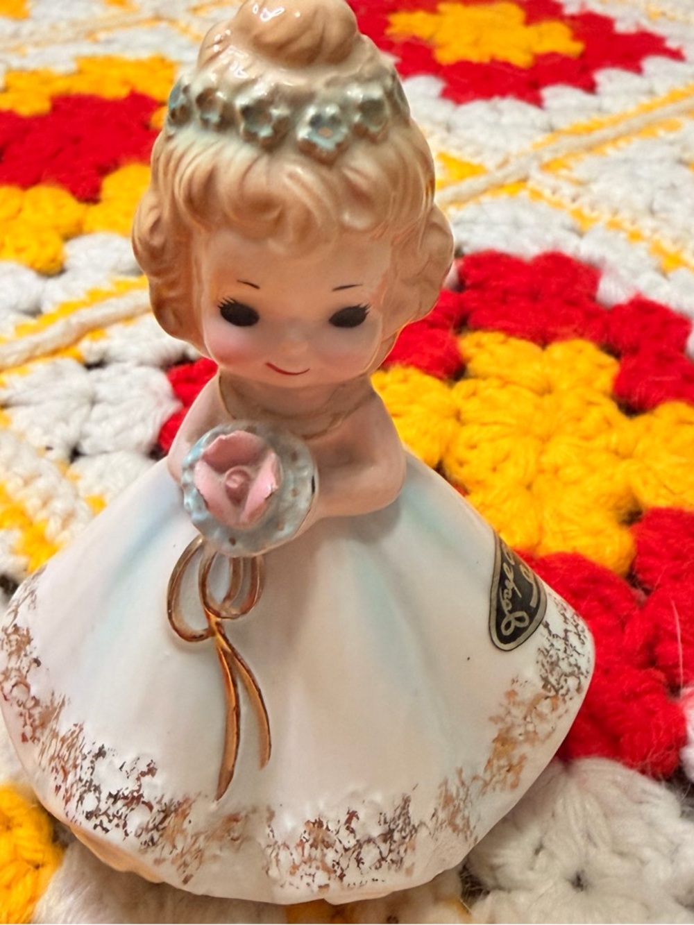 Josef Originals June Bride Figurine 1974 Monthly Series White Dress w/ Blue Hint